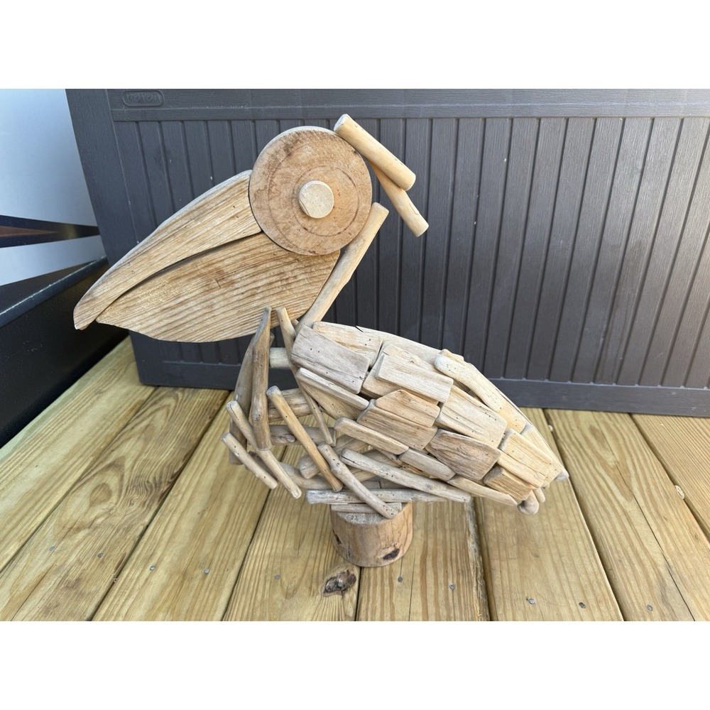 Vintage Driftwood 19" Pelican Bird Statue Artwork Beach House Nautical Decor